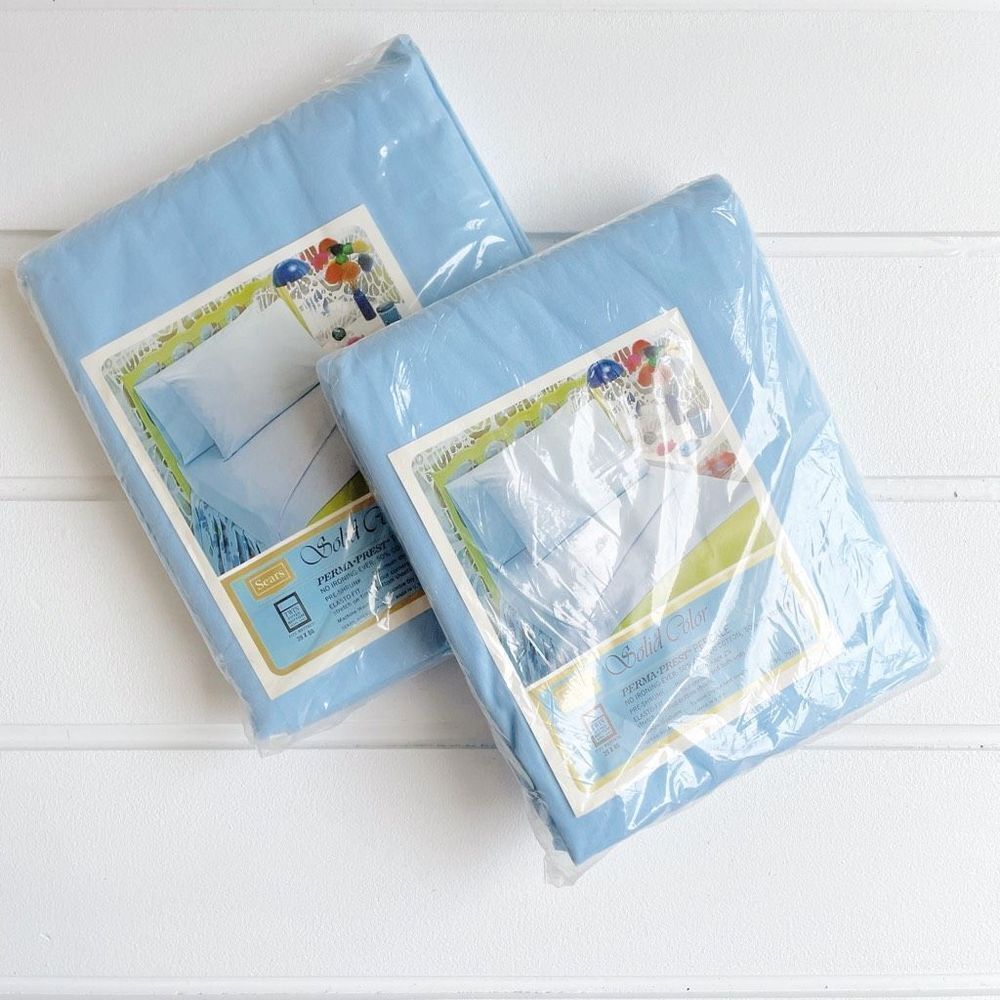 Sears Solid Blue Perma Prest Percale Twin Fitted Bottom Mattress Sheet 39x80 2 s